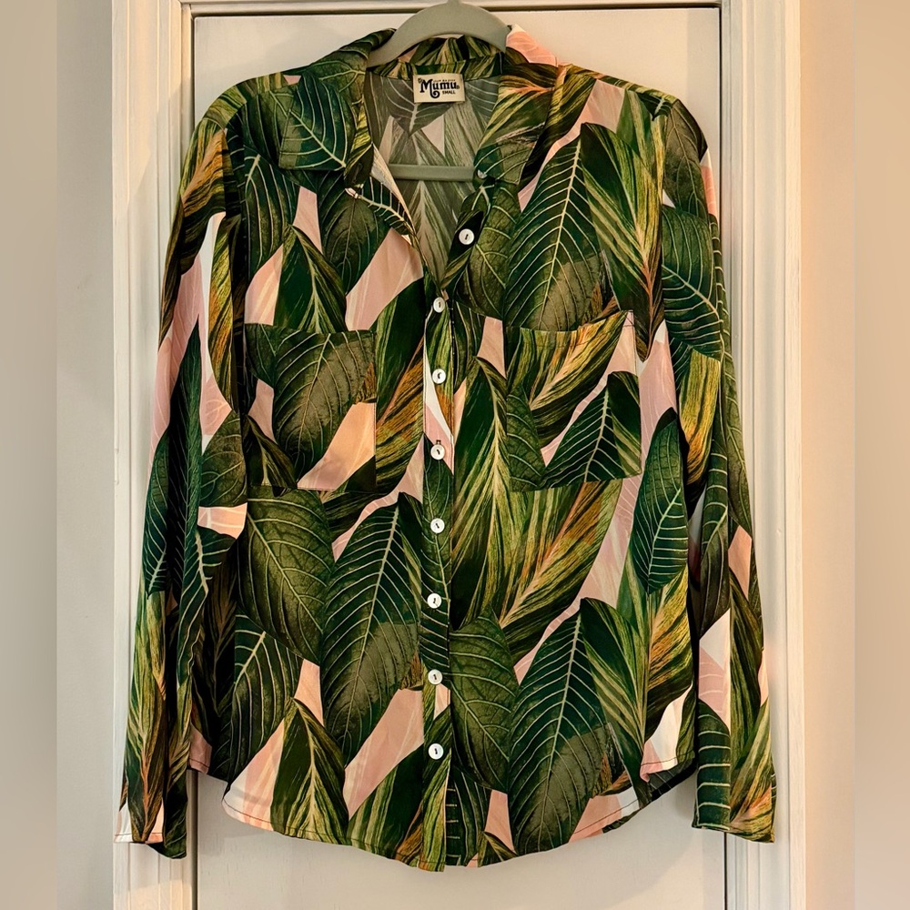 Show Me Your MuMu Tropical Leaf Button-Up Blouse in Green and Pink.